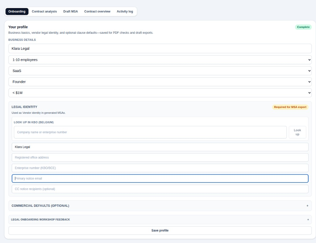 Company onboarding profile with business details, legal identity, and KBO lookup